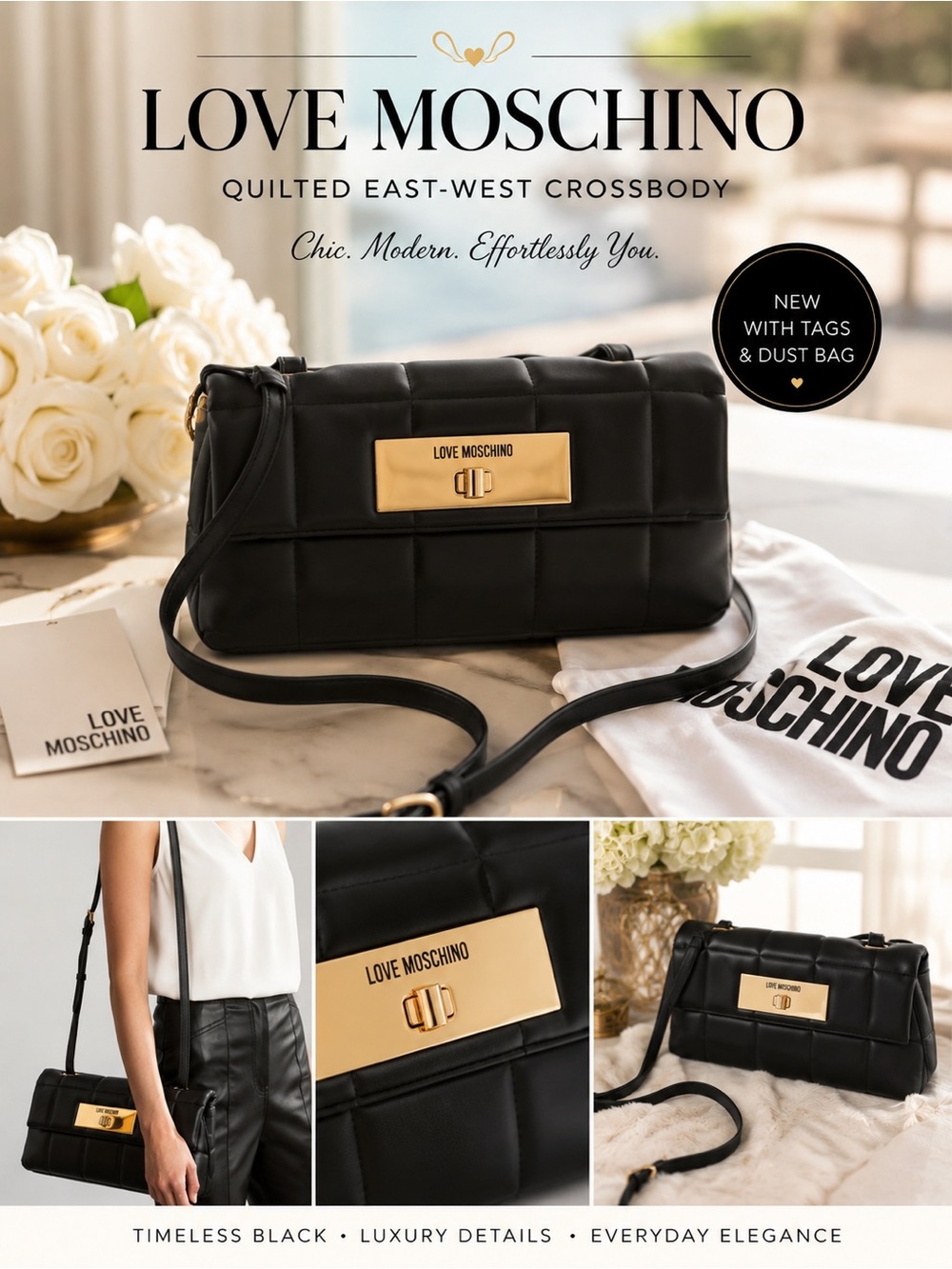 Love Moschino Quilted East West Crossbody NWT Black Gold Turn Lock & Dust Bag